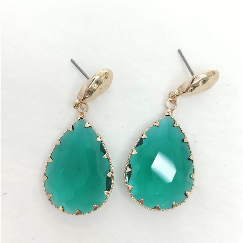 Manufacture Hammered Alloy Stud with Paris Translucent Glass Stone Teardrop Earring for Female Wedding Gift