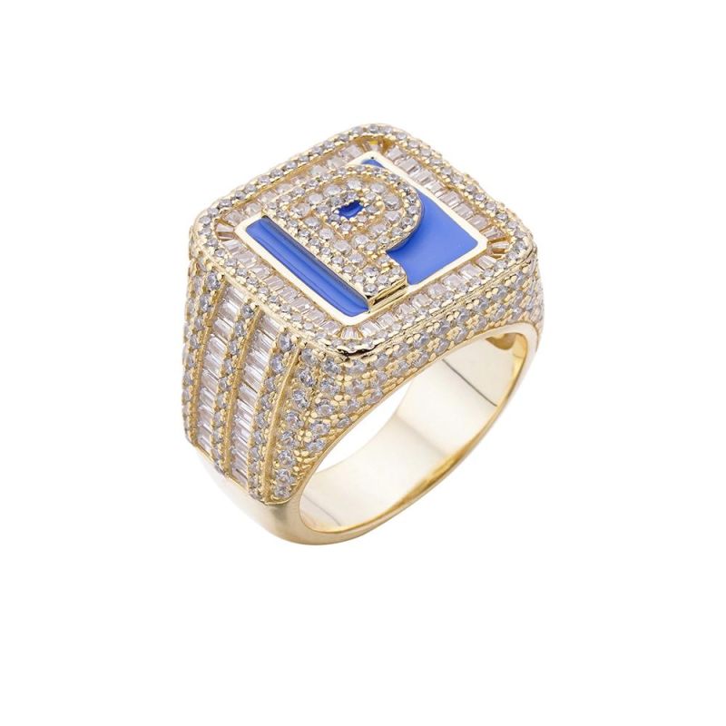 Hip Hop Design Jewelry 925 Silver Emerald Cut Diamonds 14K Gold Plated Letter Rings