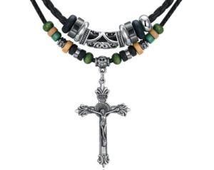 Ethnic Jesus Cross Men&prime;s Leather Necklace Inri Pendant Handmade Braided Rope Beads Male Tribe Tooth Jewelry