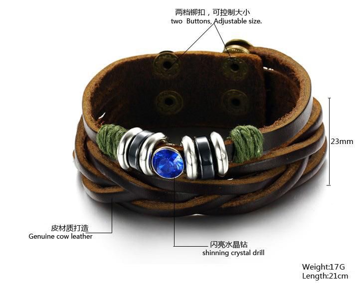 Adjustable Multi Layered Leather Bracelet Wholesale Braided Rope Wrap Bracelet with Blue Stone