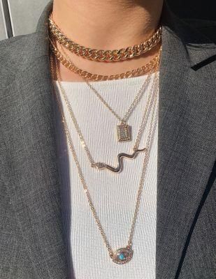 Personality 5 Layered Necklace Fashion Jewelry Gold Snake and Eye and Square Stone Multiple Necklace