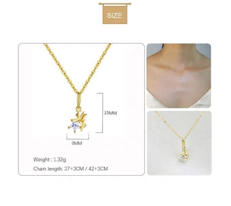 925 Sterling Silver Elves Shape Angel Zircon Star Pendant 14K Gold Plated Clavicle Chain Necklace Women Jewelry