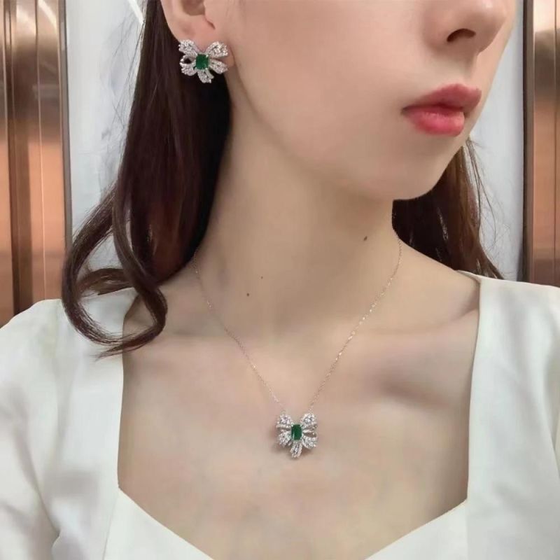 2022 New S925 Sterling Silver European American Luxury Bow Necklace Luxury Cultivated Emerald Necklace