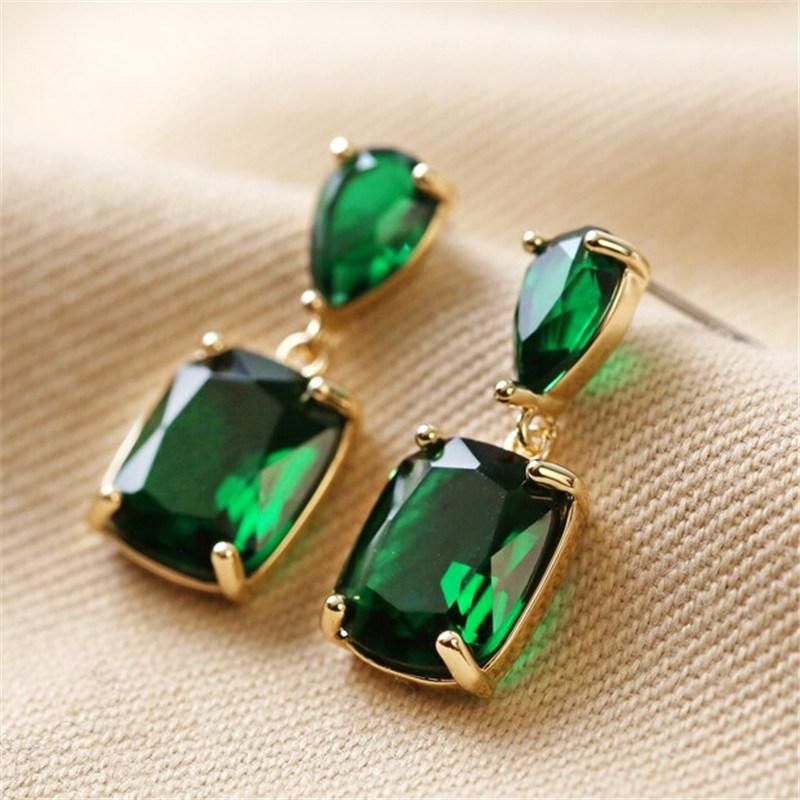 Wholesale Jewelry 24K Gold Plated Geometric Statement Gemstone Big Drop Earrings in Emerald Green Glass Stones for Women Fashion Jewelry