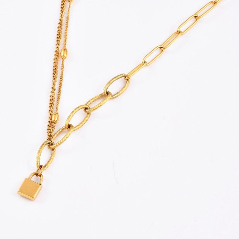 Fashion Chain Lock Necklace Stainless Steel Long Padlock Pendant Layer Necklace for Women Girls Men Gold Silver 18-32 Inches