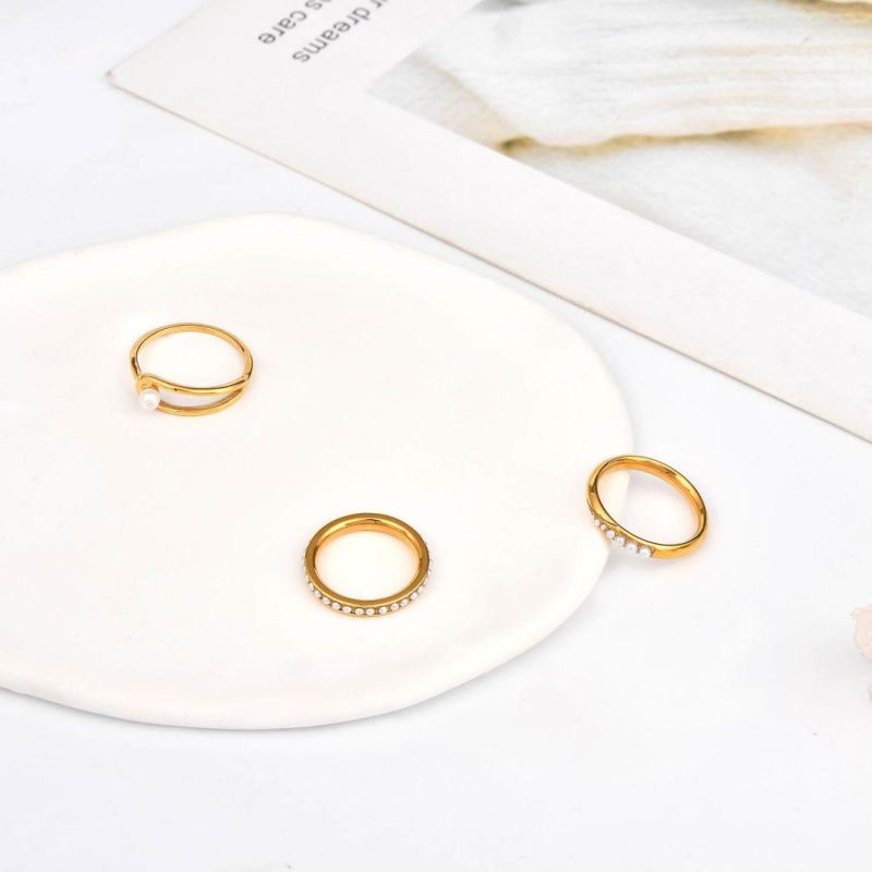 Fashion Light Luxury Jewelry waterproof 18K Gold Plated Stainless Steel Pearl Rings for Gril Gift