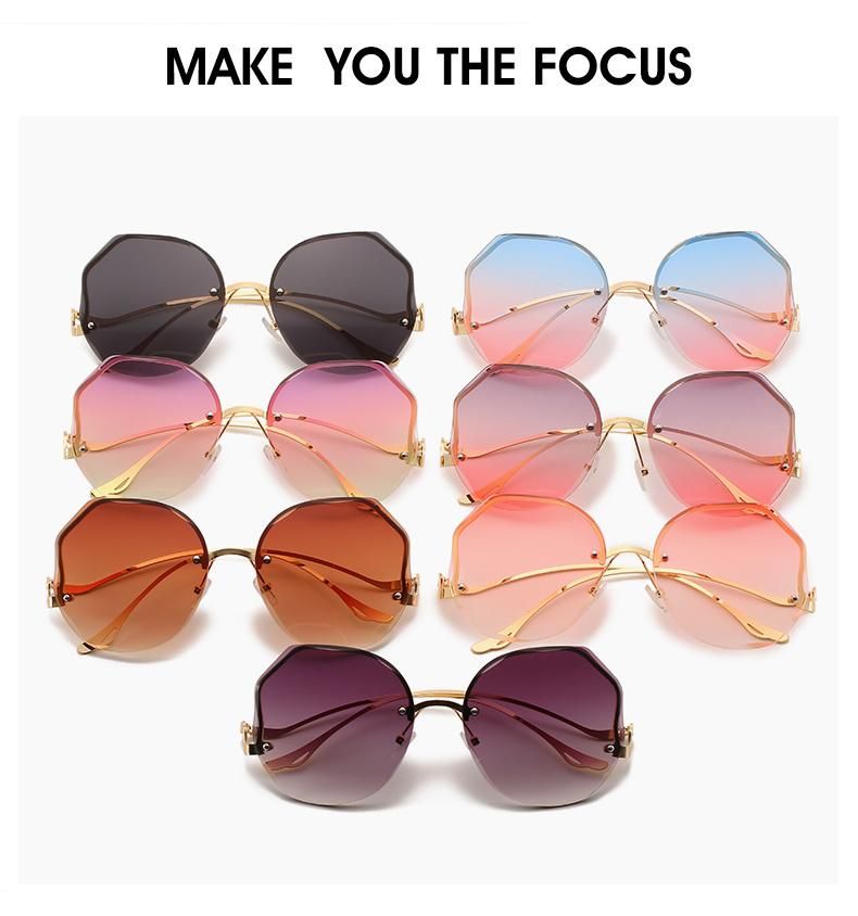 Retro Glasses Polygon Sunglasses Rimless Trim Sunglasses Female Personality Curve Mirror Legs Sunglasses Men Gradient Color Cross-Border Glasses