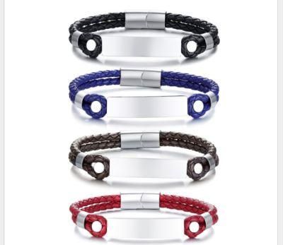 Stainless Steel Leather Bracelet Fashionable Men Simple Fashion Bracelet Blank Curved Brand Leather Bracelet Lettering