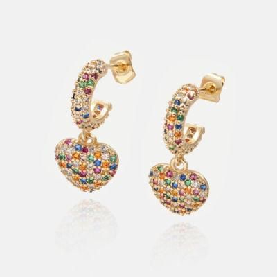 Factory Wholesale Gold Plated Colored Zircon Heart-Shaped Earrings