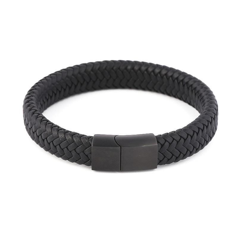 Men Wrist Band Black Magnetic Clasps Fashion Jewelry Braided Leather Bracelet