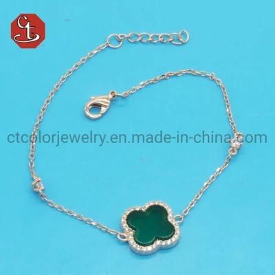 Clover Shape Bracelets for Girl&prime;s Gift 925 Sterling Silver Brass fashion Jewelry Green Onyx flower Bracelets set