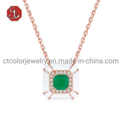 Green Stone Silver or Brass Necklace with White Enamel Fashion Enamel Pendants Necklaces