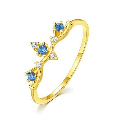 925 Sterling Silver 14K Gold Plated Blue Crystal Crown Ring Women Classic Cute Proposal Party Jewelry