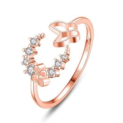 925 Sterling Silver Ring Sweet Moon with Zircon Butterfly Adjustable Ring for Women Party Fine Jewelry Gift