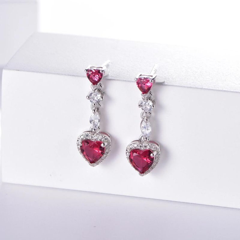 Women Fashion Silver Jewelry Heart Dangle Earrings CZ Zircon Ruby Diamond Earrings Handmade Drop Earrings