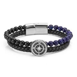 Fashion Stainless Steel Compass &#160; Charm Double Bead Leather Men Bracelets