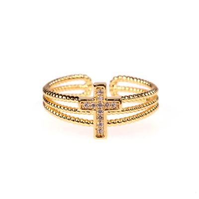Copper Brass Gold Plating Cubic Zirconia Pave Cross Ring for Girls