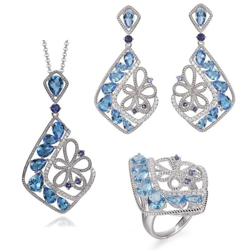 925 Silver Wholesale Flower Earring Pendant and Ring Button Rope Jewelry Sets for Promotion