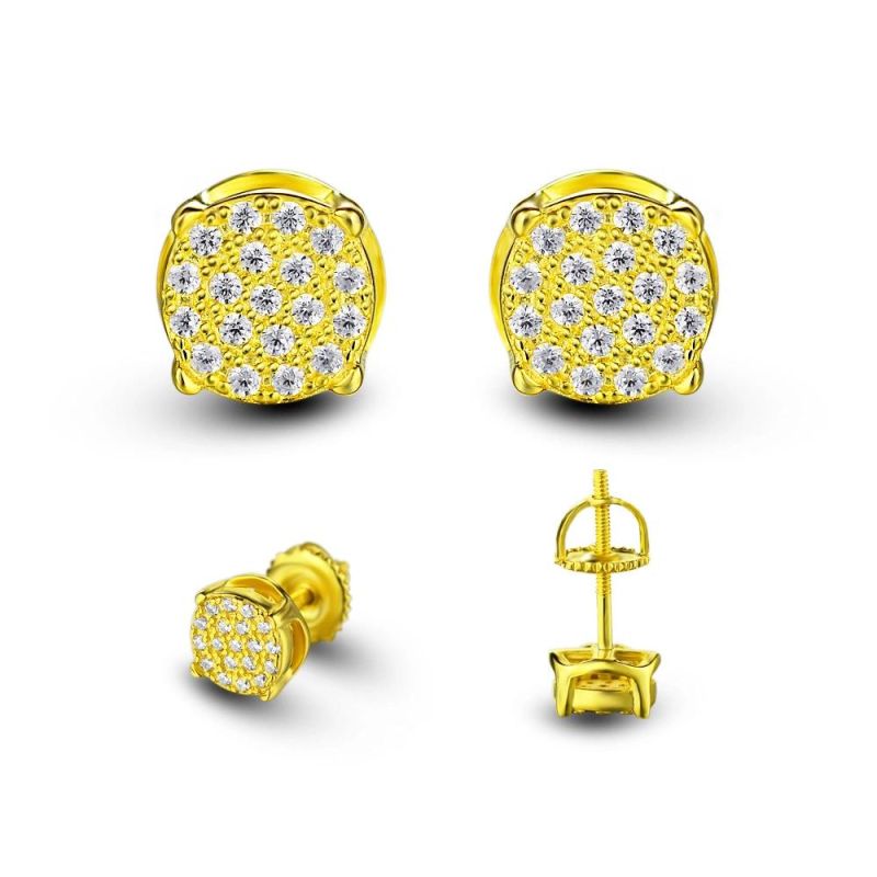 Round 925 Silver 14K Gold Zircon Stud Men Earring