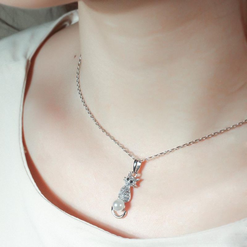 Cute Cat 925 Sterling Silver Pearl Pendant