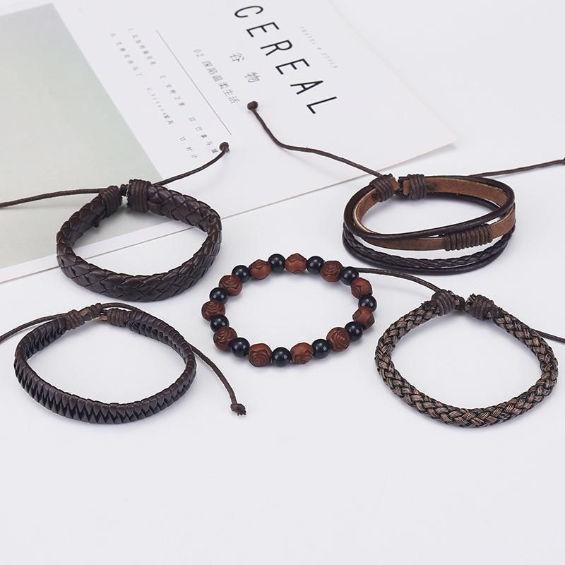 Leather Cuff Bracelet for Men and Women Punk Rock Braided Bracelet Via Brown Black Wristband Handmade Jewelry