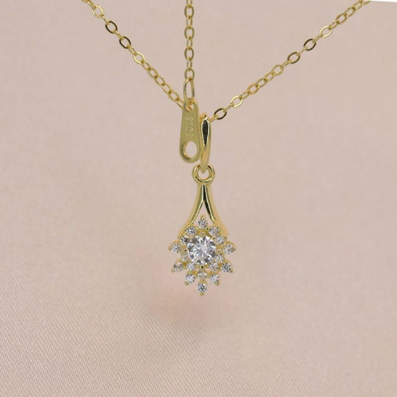 925 Sterling Silver 14K/18K Gold Plated Crystal Flower Pendant Clavicle Chain Necklace Women Wholesales Jewelry