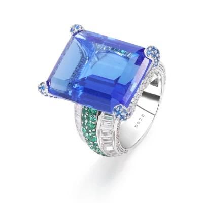 Sapphire Blue and Emerald Fancy Stone Silver Ring for Women