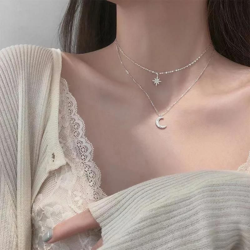 Fashion Silver Color Star Moon Double Necklace Women′s Clavicle Chain Fashion Jewelry