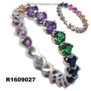 Multi-Color Prong Set Silver Ring