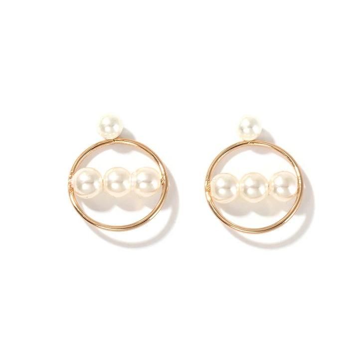 Fashion Women′s Pearl Earrings Round Alloy Gold Geometry Pearl Jewelry Stud Earrings