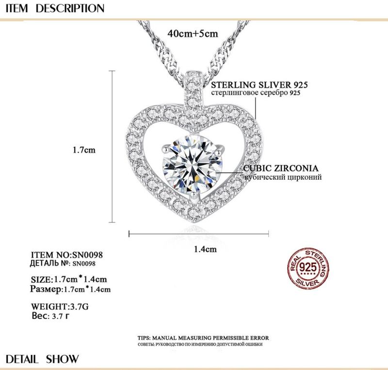 Vintage Luxury S925 Sterling Silver Hinge Chain Heart Shape CZ Necklace