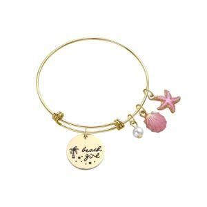 Seashells Pendant Starfish with Pearl Bracelets in Stainless Steel Jewelry Expandable Bangle Engraved Inspirational Bracelets