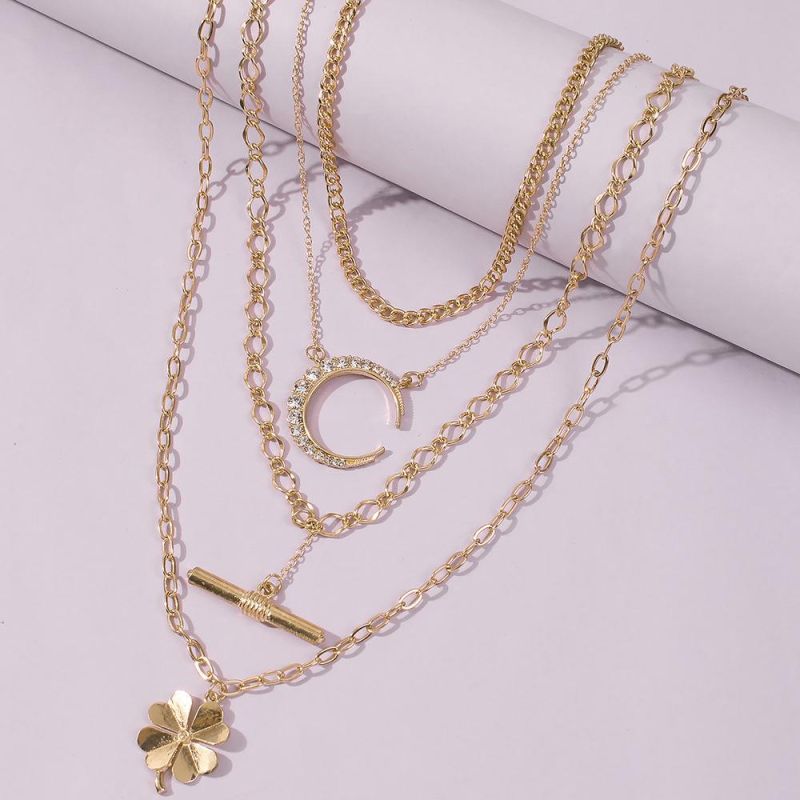 Fashion Wholesale Gold Diamond Pendant Multilayer Layered Choker Silver Jewellery Women Custom Jewelry Ladies Necklace
