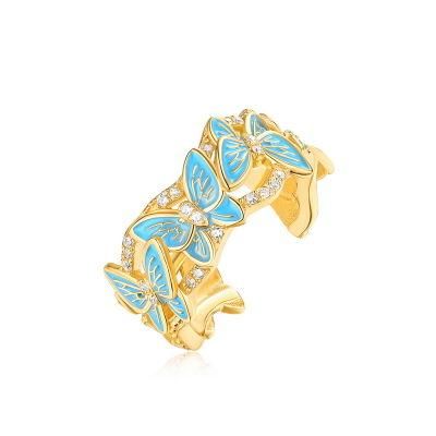 Vintage Design Gold Plating Jewelry S925 Sterling Silver Handmade Enamel Butterfly Ring