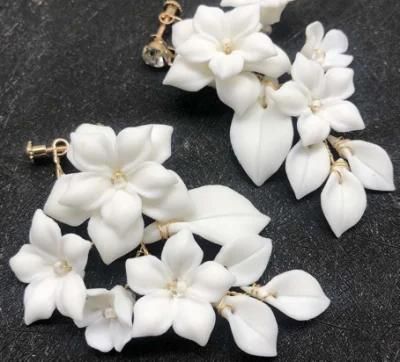 Bridal Wedding Ceramic Flower Earrings, Silver Crystal Elegant Earring