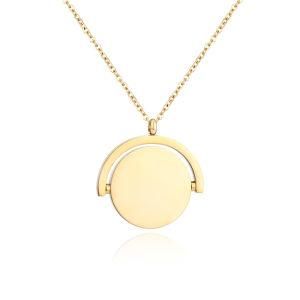 Fashion Custom Logo Stainless Steel Round Charm Rotatable Pendant Necklace