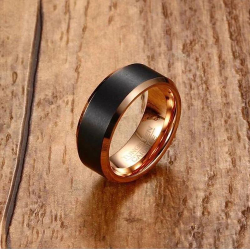 Factory Wholesale Tungsten Gold Ring 8mm Tungsten Steel Ring Black + Rose Gold Men′s Jewelry Ring Tst8253