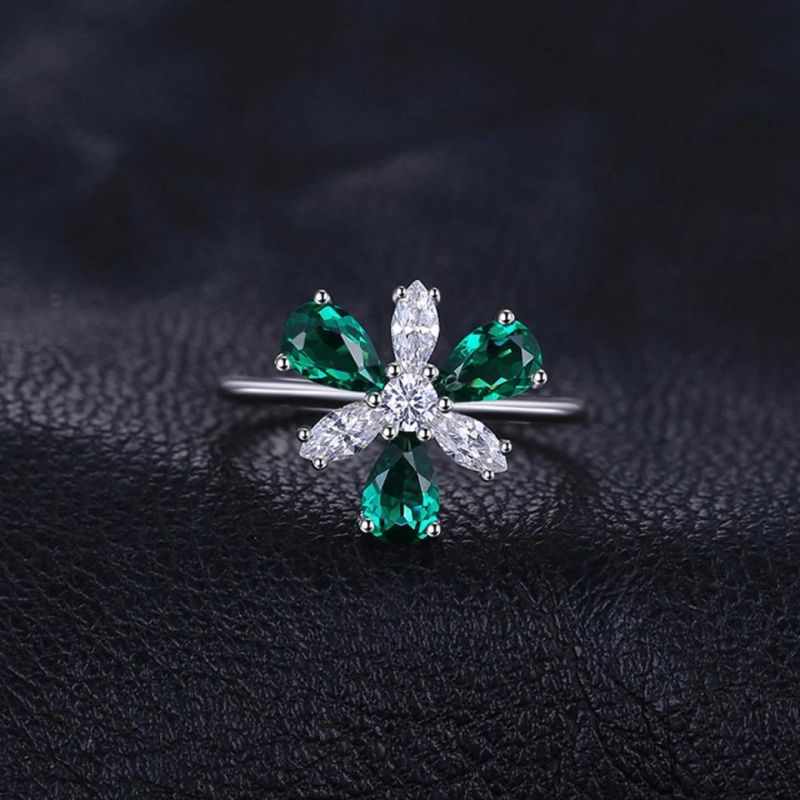 Luxury Pear Shape Flower Statement Ring 925 Sterling Silver Russian Simulated Emerald