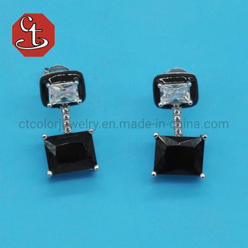 Women Girl Gift Fashion White Black Color Enamel Green CZ Cubic Zirconia Baguette TP Earring Sterling 925 Silver Jewelry