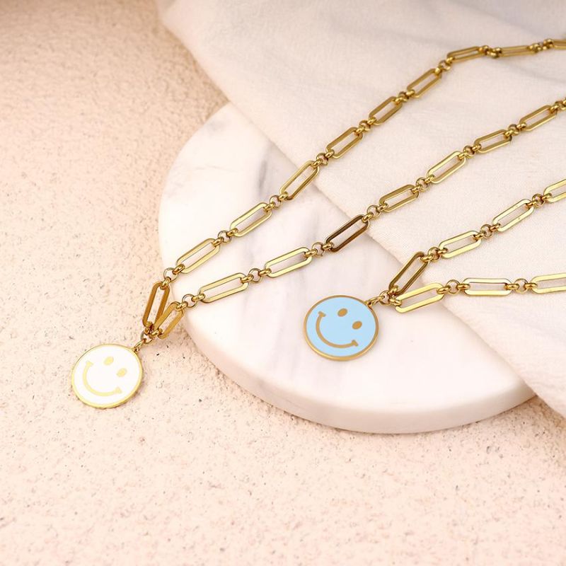 2022 Smiley Face Necklace Gold Chain Double Round Smile Color Oil Painting Talisman Necklace Jewelry for Women