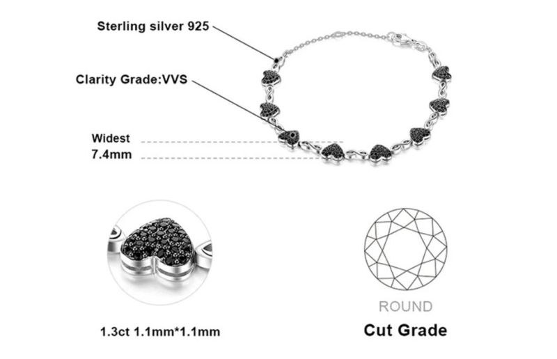 925 Sterling Silver Bracelets Micro Pave Set Cubic Zirconia Crystal CZ Heart Bracelet for Women