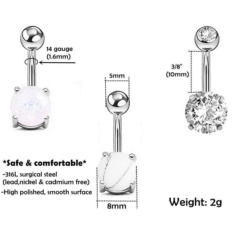 10PCS Belly Button Rings Stainless Steel 14G CZ Opal Navel Rings Barbells Studs Women Girls Body Piercing Jewelry