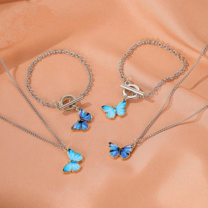 Wholesale New Gradient Butterfly Necklace Color Couple Clavicle Chain Butterfly Bracelet Blue Forever Pendant Necklace Set Jewelry Women