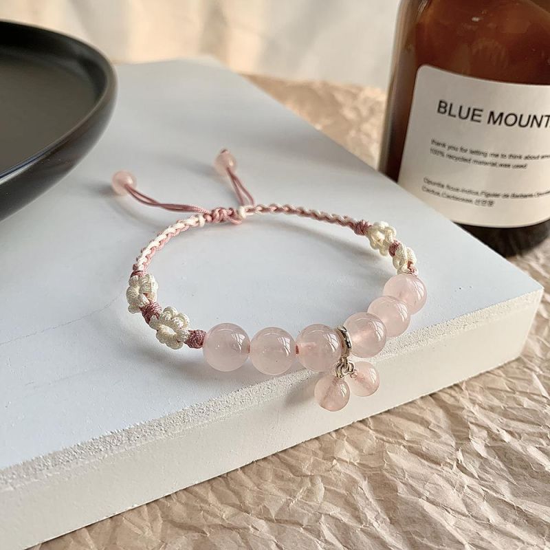Natural Pink Crystal Bracelet 925 Sterling Silver Braided Bracelet