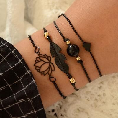 4 Rows Black Thread Cording Multiple Hand Bracelet with Leaf Lotus Heart Charm Bracelet for 2022 Women Fashion Jewelry