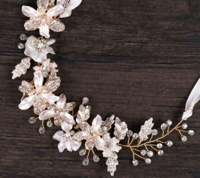 Bridal Wedding Flower Gold Enamel Crystal Headband. Bridal Hair Vines Headpiece