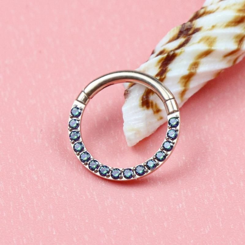 Eternal Metal ASTM F136 Titanium PVD Rose Gold Plated Rainbow Cubic Zircon CNC Setting Piercing Segment Ring Clicker