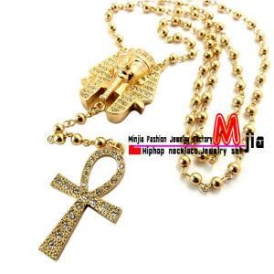 Hip Hop Iced out Ankh Cross &amp; King Tut Pendant W/ 5mm 36&quot; Bead Chain Imitation Jewelry (Mjz631)