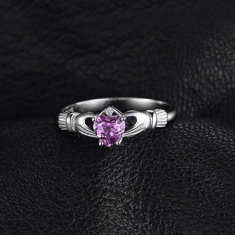 Natural Created Amethyst Irish Claddagh Ring February Birthstone Solid 925 Sterling Silver Love Heart Fine Jewelry