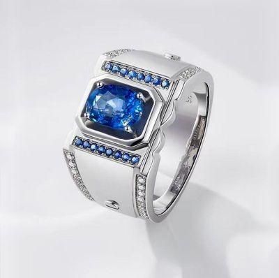 925 Sterling Silver Men&prime; S Ring Blue Sapphire Oval Shape with Blue Zircon Jewelry